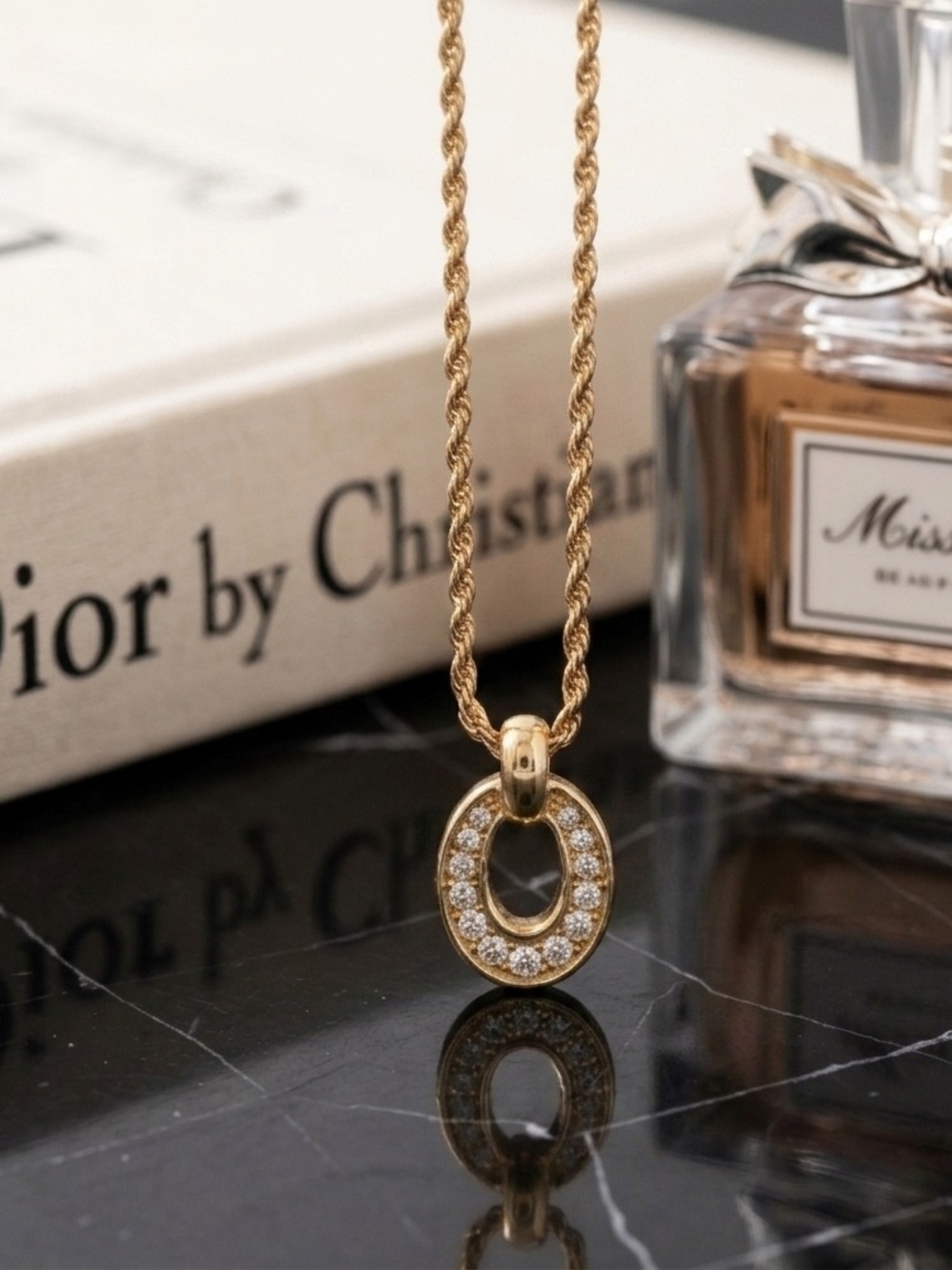 Christian Dior Vintage Gold Tone Crystal Oval
Pendant Necklace Logo Charm